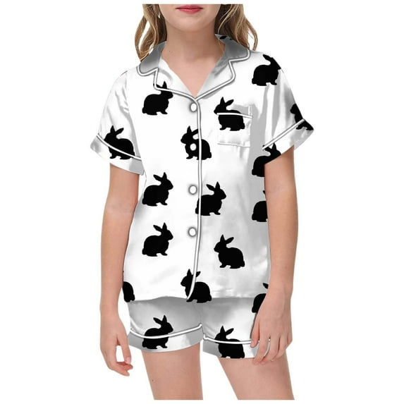 LRen Children Girls Easter Outfits Easter Paint Short Sleeve Silk Button Shirt Shorts Outfit Set Fashion Silk Button Top Collared Easter Set Set Easter Gifts for Kids