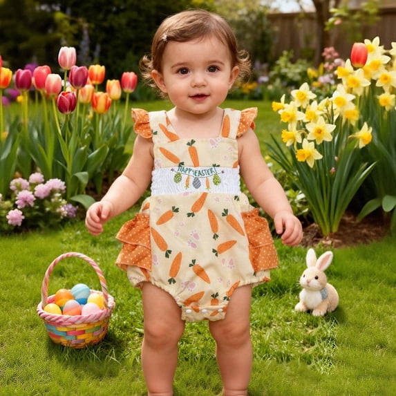 LRen Easter Baby Girl Outfit Bow Eggs Embroidery Smocked Bubble Romper Easter Cute Summer Clothes Easter Gifts,Red,3-6 Months