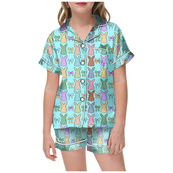 LRen Easter Day Outfits Toddler Girls Cartoon Rabbit Short Set Set for Children Shirt and Pant Matching Casual Silk Button Down Outfit Collared Easter Set Set Easter Gifts