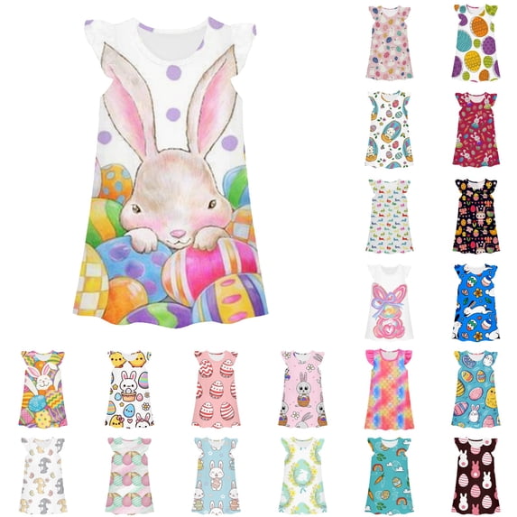 LRen Easter Dresses for Girls Colorful Print Short Sleeve Flutter Dress Easter Dresses for Girls Cute Girls Summer Dresses Easter Gifts