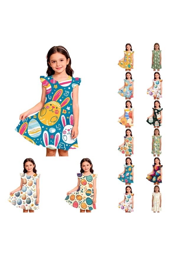 Easter Dresses for Toddler Girls Bunny Eggs Graphic Dresses Flutter Sleeve A-Line Casual Summer Beach Dress Easter Gifts for Toddlers