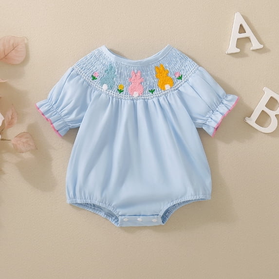 LRen Easter Outfit Baby Girl Easter Romper Dress Ruffle Bunny Eggs Print Jumpsuit Bodysuit Easter Gifts for Toddlers Spring Clothes,Sky Blue,0-3 Months