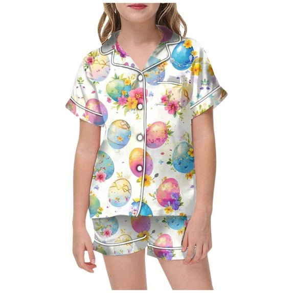 LRen Easter Outfits 2PCS Sets Kids Bunny Print and Egg Print Shirt and Pant with Pockets Satin Silk Button Down Collared Easter Gifts for Kids