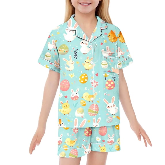 LRen Easter Outfits for Toddler Girls Bunny Print and Egg Print Short Sleeve Silk Button Shirt Shorts Outfits Set Funny Silk Button Down Collared Easter Set Easter Gifts for Kids