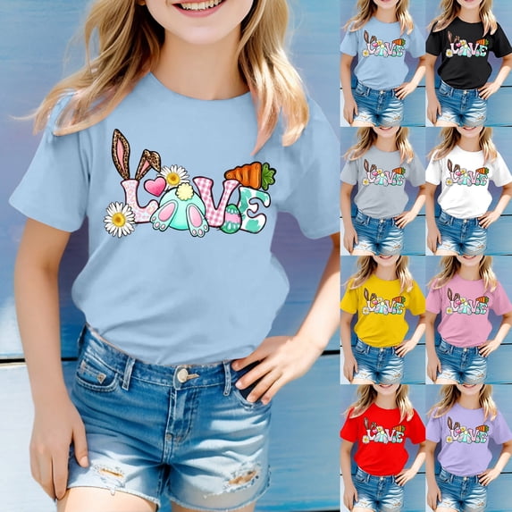 LRen Easter Shirts for Girls Cartoon Bunny Short Sleeve T-Shirt Easter Day Easter's Day Pullover Tops T-Shirts Infant To Big Kid