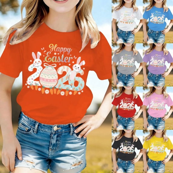 LRen Easter Shirts for Girls Rabbit Print Short Sleeve T Shirts Cute Happy Easter Vacation Tops Clothes for Children