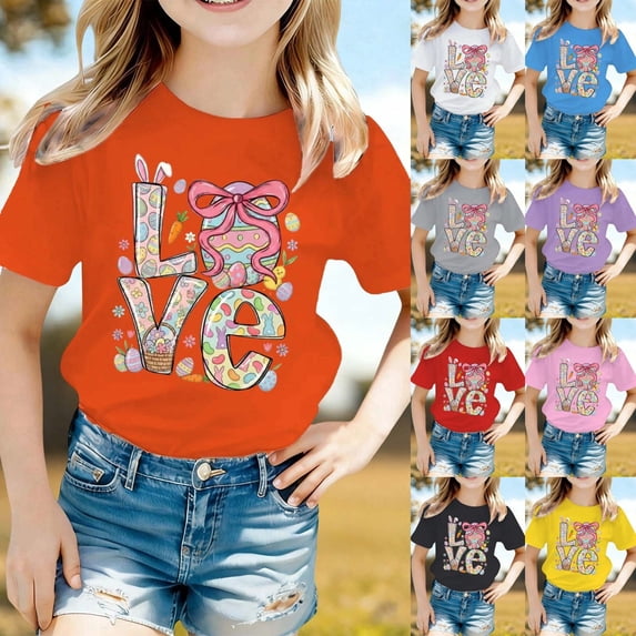 LRen Easter Shirts for Girls Rabbit Print Short Sleeve T Shirts Cute Happy Easter Vacation Tops Clothes for Children