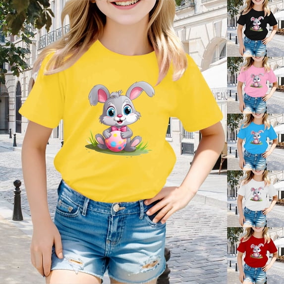 LRen Easter Shirts for Toddler Girls Cartoon Bunny Short Sleeve T Shirt Happy Easter Easter Day Vacation Tops T-Shirts Toddler To Big Kid
