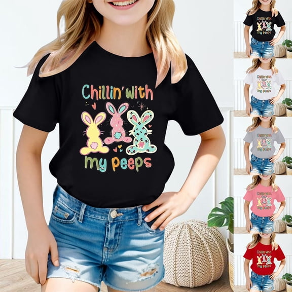 LRen Easter Shirts for Toddler Girls Rabbit Print Short Sleeve T Shirt Happy Easter Happy Easter Blouse Tops Tee for Toddler & Kids
