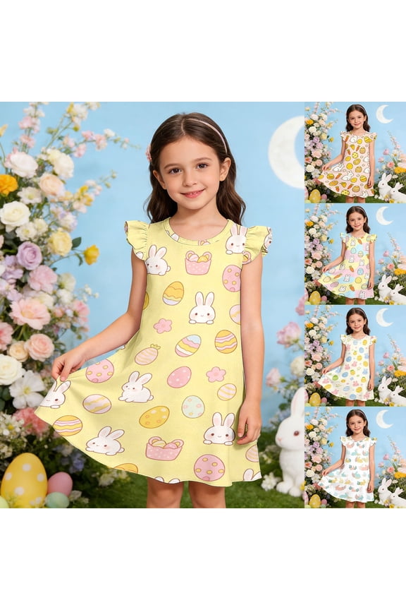 Easter Toddler Girl Dress Bunny Eggs Rabbit Print Ruffle Sleeve A Line Dress Outfits Easter Gifts Holiday Spring Summer Clothes for Kids