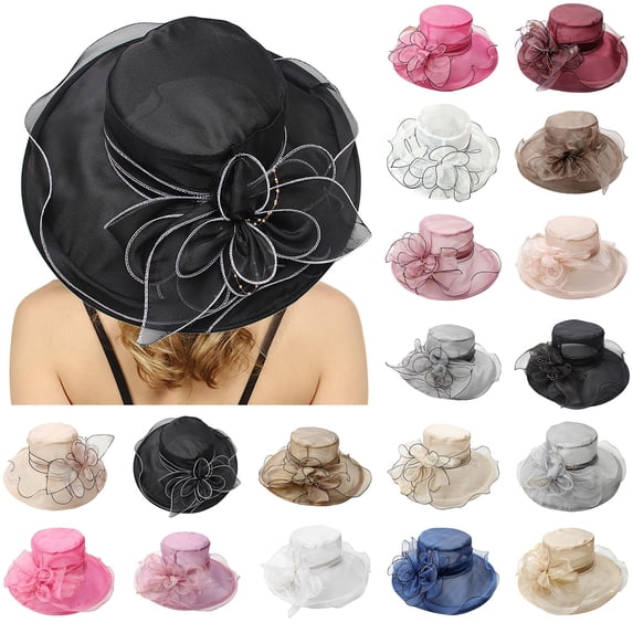 LRen Elegant Women's Wide Brim Floral Sun Hat for Beach Wedding Bridal Shower and Summer Outdoor Occasions Wine