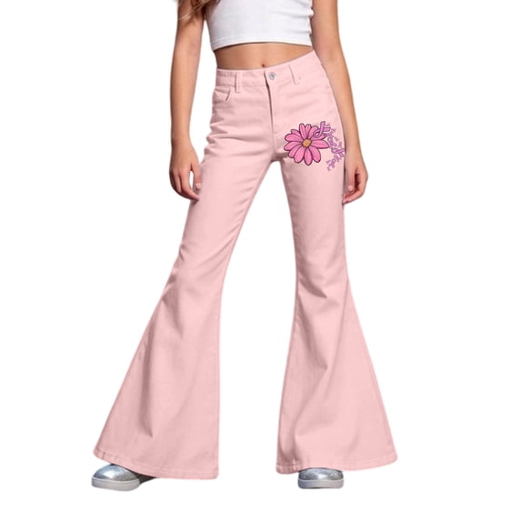 LRen Flare Pants for Girls Pink Ribbon Wide Leg Pants Girls Bootcut School Uniform Slacks Elastic High Waisted with Pockets Casual Trousers for Tween Girls Age 9-10 Years