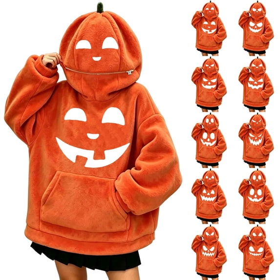 LRen Funny Halloween Pumpkin Hoodie for Kids, Plush Loose Pullover Hooded Sweatshirts with Front Pocket, Long Sleeve Fall Winter Outfit, Halloween Gifts
