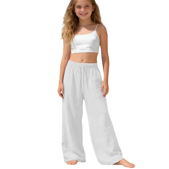 LRen Girl Pants Size 10-12, Girls Summer Elastic Waist Wide Leg Pants Beach Vacation Trousers with Pockets