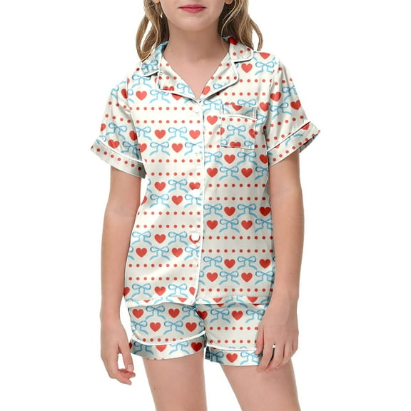 LRen Girl Satin Pajamas Set Shorts Cute Bow Tie Print Short Sleeve Button Down Shirt Silk Stain Pjs Loose Loungewear Sets Summer Pajamas,Z5-Beige,150(10-11 Years)