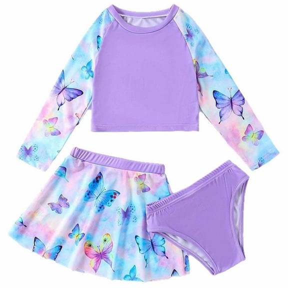 LRen Girl Swimsuit Size 6 3pcs Ruffle Bikini Swimwear for Kids Girls Funny Summer Rash Guard Swimsuit Girls Beach Swimwear Bathing Suit Set for Little Girls