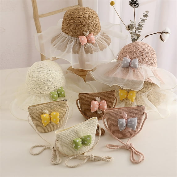 LRen Girl Tea Party Hat Kids Summer Straw Hat for Girls Breathable Woven Sun Wide Brim Beach Outdoor Activities Coffee