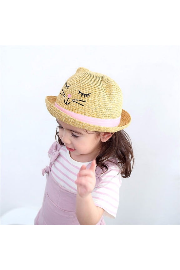 Girl Tea Party Hat Little Girl's Bear Ear Sun Hat Wide Brim Summer Beach Hat With Adjustable Chin Strap for Toddlers And Kids Khaki