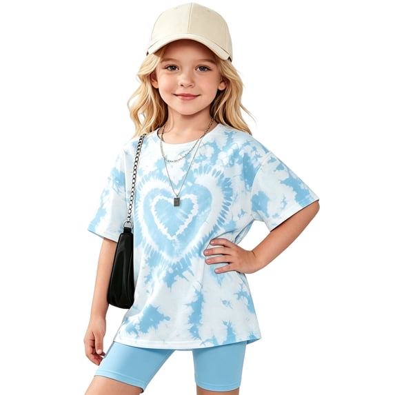 LRen Girl Tie-dye Outfits 2 Piece Sets Heart Printed Short Sleeve Shirts and Biker Shorts Back To School Outfits for Girls,Light Blue,Size 1-14 Years