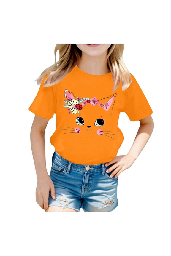 Girl Tops Size 7-8 Tie Dye Graphic Print Short Sleeve Crewneck Kids Tees Soft Cute Tees Toddler Clothes,Z05-Orange,150