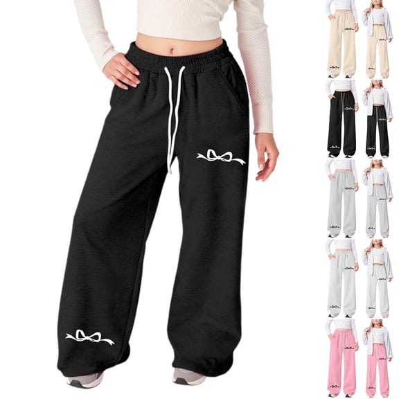 LRen Girl's Bowknot Baggy Sweatpants Cute Straight Leg Athletic Pants with Pockets Clothes for Teen Girls Back To School Pants,Pink,4-5 Years