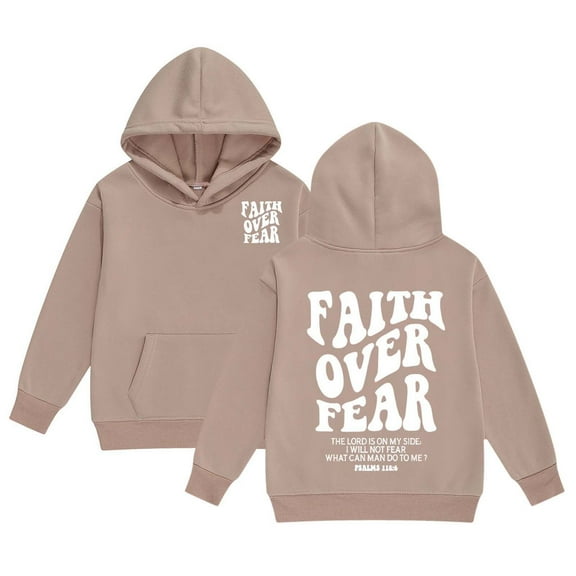 LRen Girl's Faith Over Fear Hoodie Long Sleeve Christian Sweatshirt Cute Letter Graphic Hoodies,1-2 Years,Z5-Khaki
