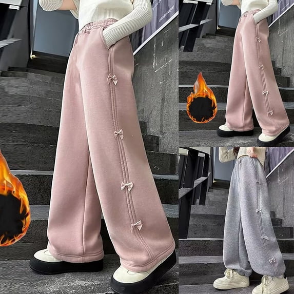 LRen Girl's Sweatpants Bow Drawstring Elastic Waist Wide Straight Leg Pants High Waisted Casual Baggy Jogger Pants,12-14 Years,Z3-Light Gray