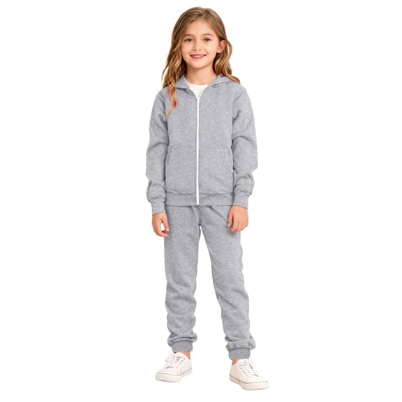 LRen Girls 2 Piece Outfit Drop Shoulder Zip Up Hoodies and Sweatpant Clothing Set with Pockets,A2-Grey,4-5 Years