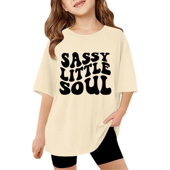 LRen Girls Basic Top Girls Letter Graphic Print Round Neck Short Sleeve Cotton Blouse Kids Girl Casual Daily Loose Fit Summer Preppy Tops,Beige,9-10 Years