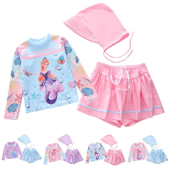 LRen Girls Bathing Suits 3 Piece Ruffle Swimwear for Kids Girls Cute Summer Rash Guard Swimsuits Girl Beach Swimwear Tankini Beach Swimwear Set