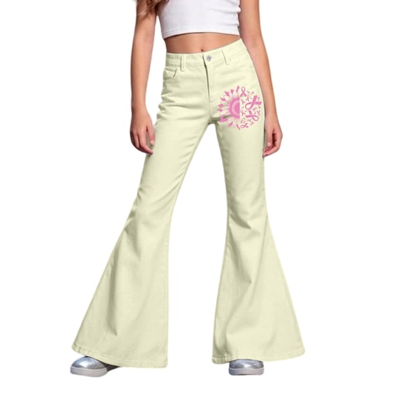 LRen Girls Bell Bottom Pants Pink Ribbon Straight Leg Pants Slim Fit Casual Preppy Dress with Pockets Flare Leg School Uniform Clothes for Tween Girls Age 7-8 Years