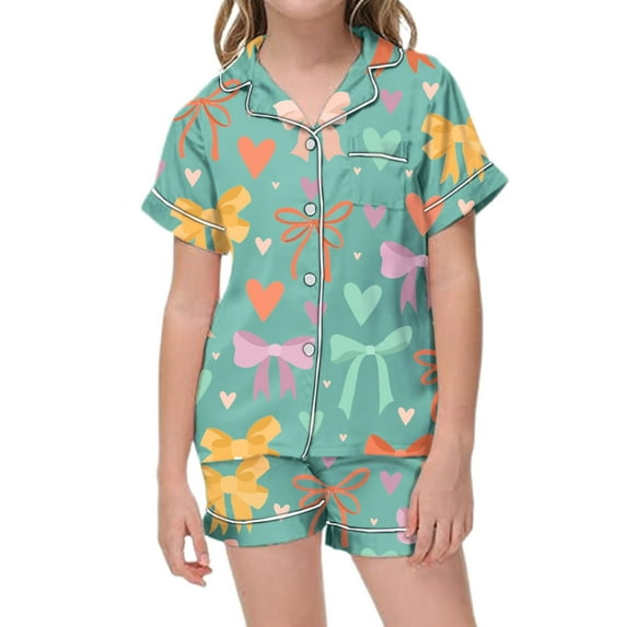 LRen Girls Casual Printed Lapel Collar Short Sleeve Button Down Shirt And Shorts Pajama Outfit Set For Toddlers Kids,10-11 Years,Z4-Mint Green
