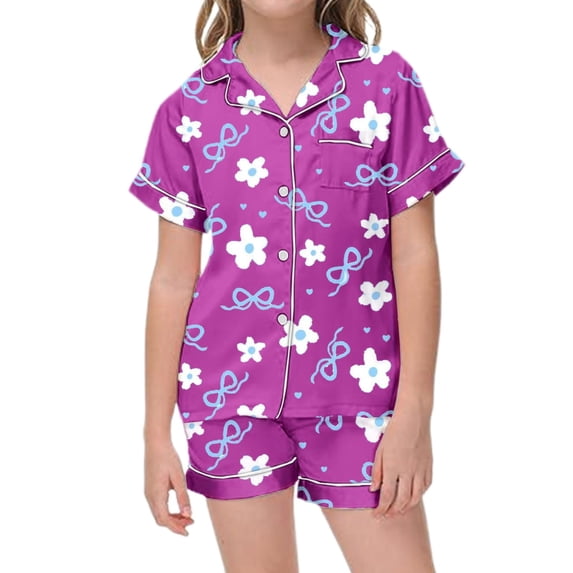LRen Girls Casual Printed Lapel Collar Short Sleeve Button Down Shirt And Shorts Pajama Outfit Set For Toddlers Kids,8-9 Years,Z1-Purple