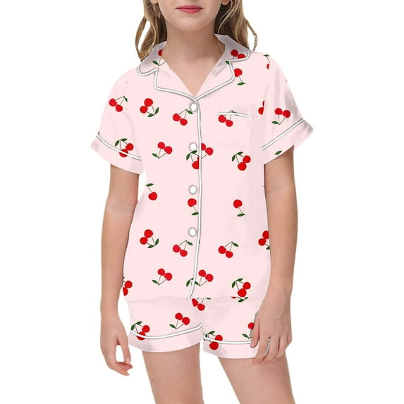 LRen Girls Casual Printed Lapel Collar Short Sleeve Button Down Shirt And Shorts Pajama Outfit Set For Toddlers Kids