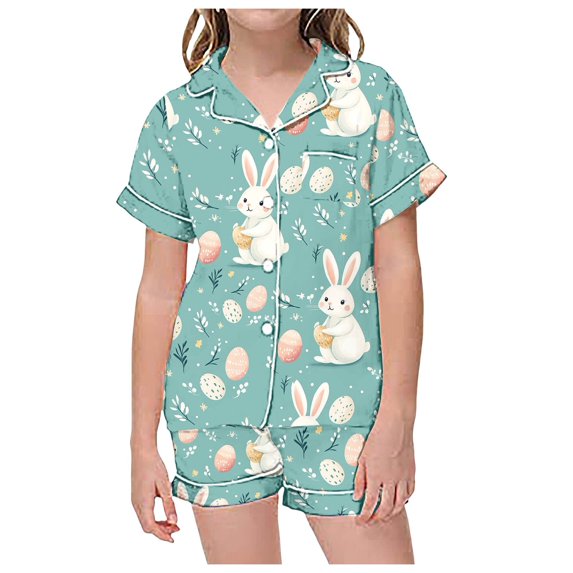 LRen Girls Children Easter Outfits Size 6 Bunny Print and Egg Print Shirt and Pant with Pockets Snug-Fit Silk Button Up Collared Easter Gifts for Kids
