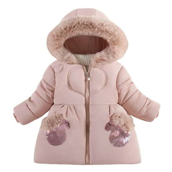 LRen Girls Down Jacket Winter Warm Hooded Coat With Sequined Gloves Stylish Outerwear For Toddler And Kids,RD2,18-24 Months