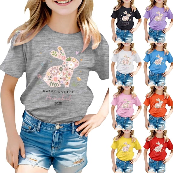 LRen Girls Easter Day Shirt Size 10-12 Cute Bunny Eggs Print Short Sleeve T Shirt Preppy Top Summer Vacation Tops Easter Gifts for Girls