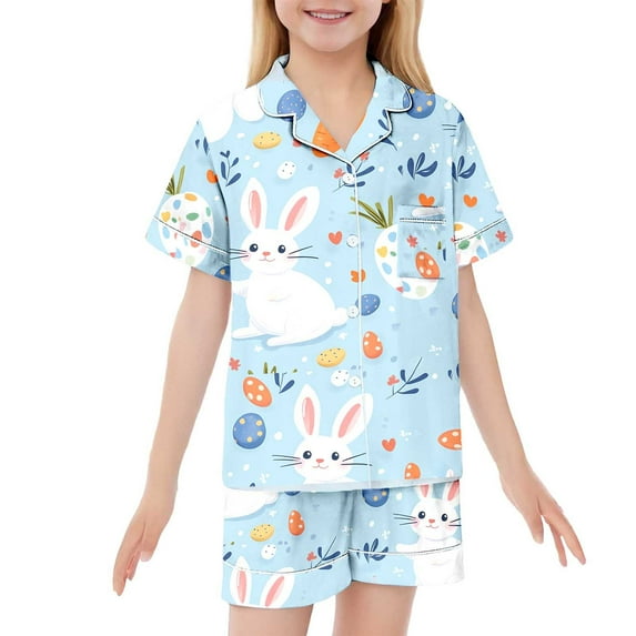 LRen Girls Easter Outfits Set Easter Paint Short Sleeve & Short Pants Outfit Comfy Silk Collared Easter Children Gifts for Girls