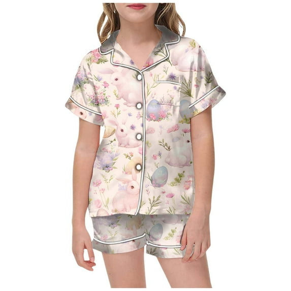 LRen Girls Easter Outfits Size 12 Cartoon Bunny Short Sleeve Shirt Tops + Shorts Pants Comfortable Silk Button Down Collared Easter Girls' Easter Gifts for Girls