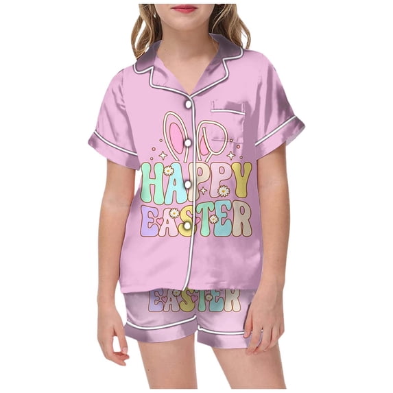LRen Girls Easter Outfits Size 4 Egg Painted Shirt and Pant Casual Set with Pockets Comfortable Silk Button Top Collared Easter Home Outfit Set Easter Gifts