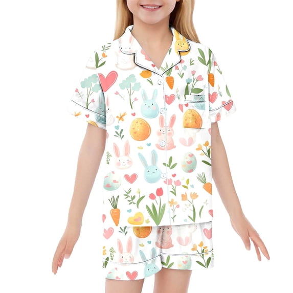 LRen Girls Easter Outfits Size 8 Easter Paint Short Sleeve Silk Button Shirt Shorts Outfits Set Comfy Silk Button Down Collared Easter 2-Piece Gifts for Boys