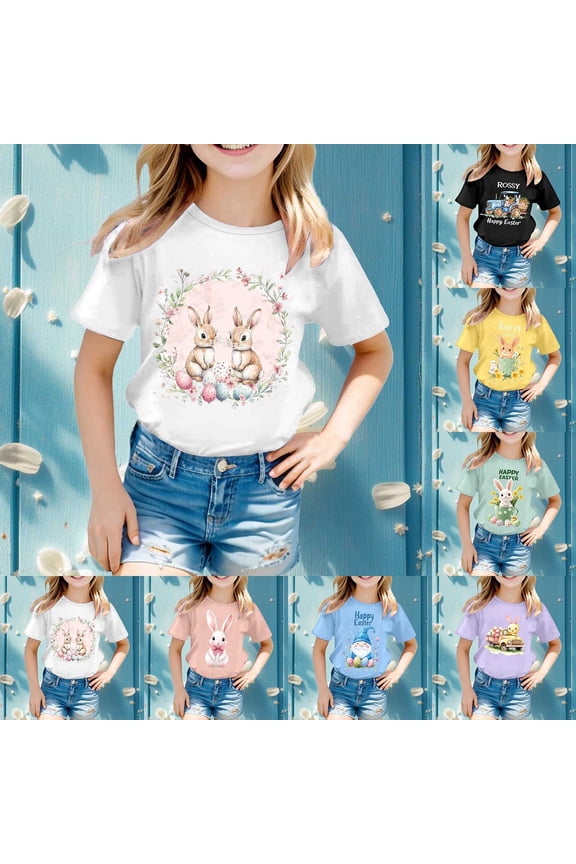 Girls Easter Shirt Size 10 Bunny Eggs Short Sleeve T Shirt Cotton Easter's Day Vacation Tops Summer Clothes for Girls