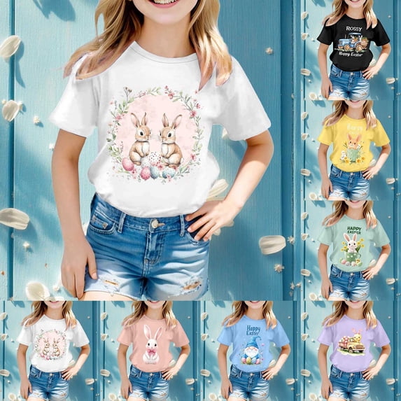 LRen Girls Easter Shirt Size 8 Cartoon Rabbit Short Sleeve T Shirt Top Comfortable Happy Easter Pullover Tops Tee for Boys & Girls