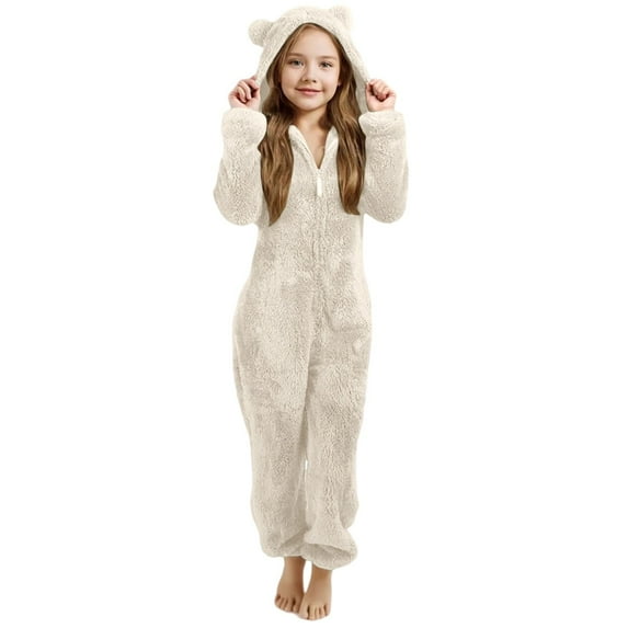 LRen Girls Fleece Hooded Romper Jumpsuit With Ears Soft Warm Winter Pajamas Play Outfits For Toddler Kids,120