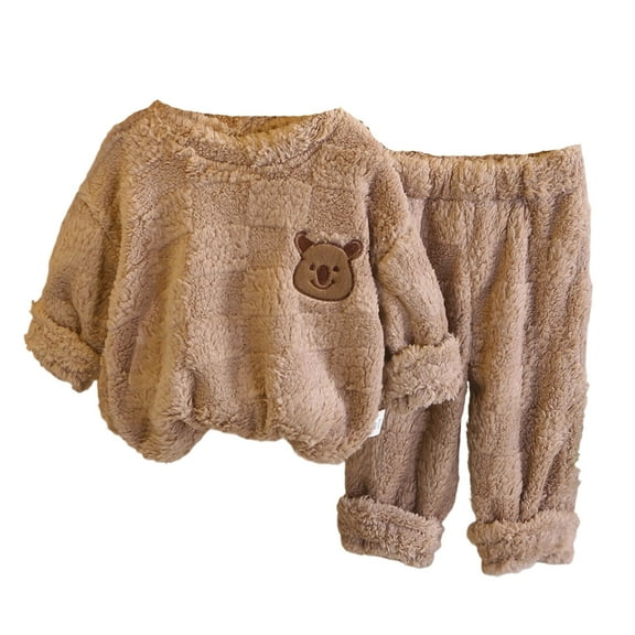 LRen Girls Pajamas Warm Fuzzy Plush Winter Cute Soft Longsleeve Sleepwear Set for Teens,A1-Coffee,3-4 Years