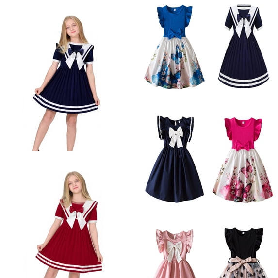 LRen Girls Flutter Ruffle Sleeve Dress Solid Bowknot Summer Swing Sundress Birthday Party Casual Outfit 2-7 Years