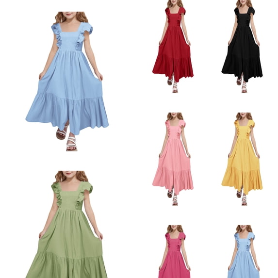 LRen Girls Flutter Ruffle Sleeve Dress,Solid Ruched Tiered Bowknot Summer Swing Sundress Birthday Party Casual Outfit 4-15 Years
