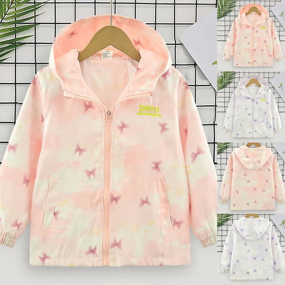 LRen Girls Gradient Butterfly Print Hooded Jacket, Lightweight Zip Up Windbreaker for Big Kids Ages 3-14, Spring Fall Outdoor Wear