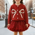 thumbnail image 1 of LRen Girls Holiday Outfits, Girls 2pcs Fall Outfits Sweet Cute Bowknot Button Knit Cardigan Sweater Tops Sequin Short Mini Skirt Set,Red,3-4 Years, 1 of 4