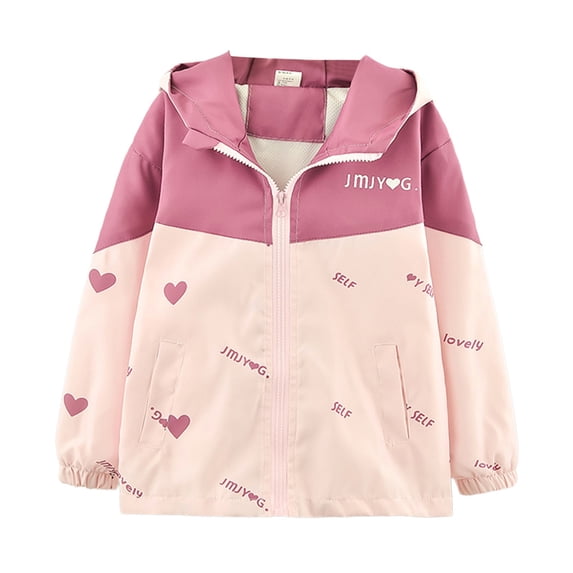 LRen Girls Hooded Windbreaker Zip Front Lightweight Spring Jacket, Heart Letter Print Outdoor Rain Coat for Kids Ages 3-14, School Daily Wear